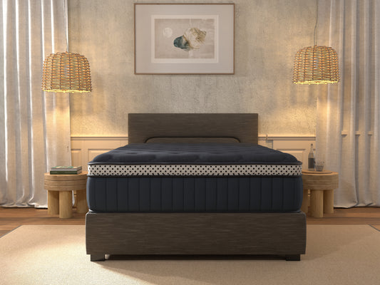 Bed with dark blue mattress
