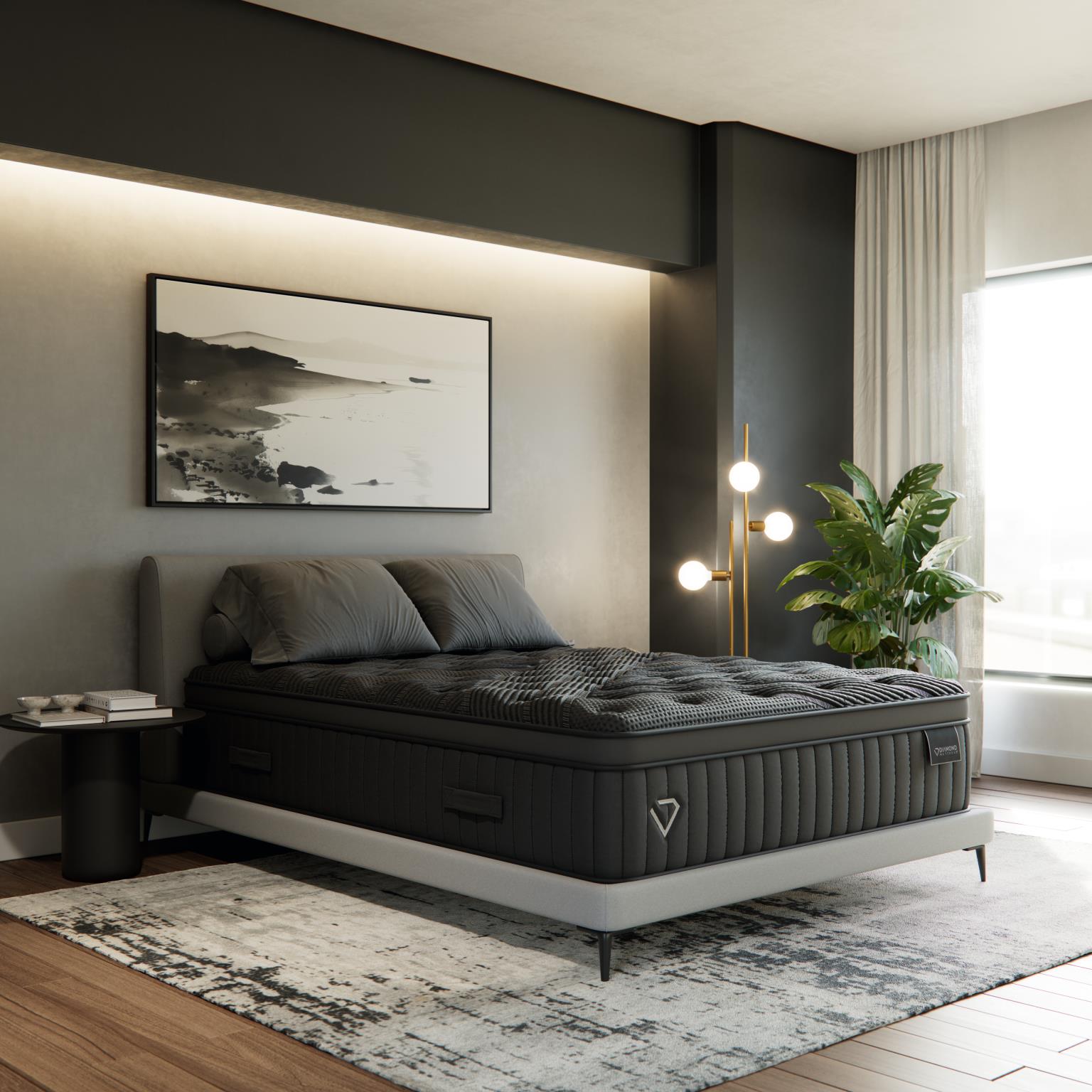 Gray mattress on a bed in a modern bedroom with decor elements.